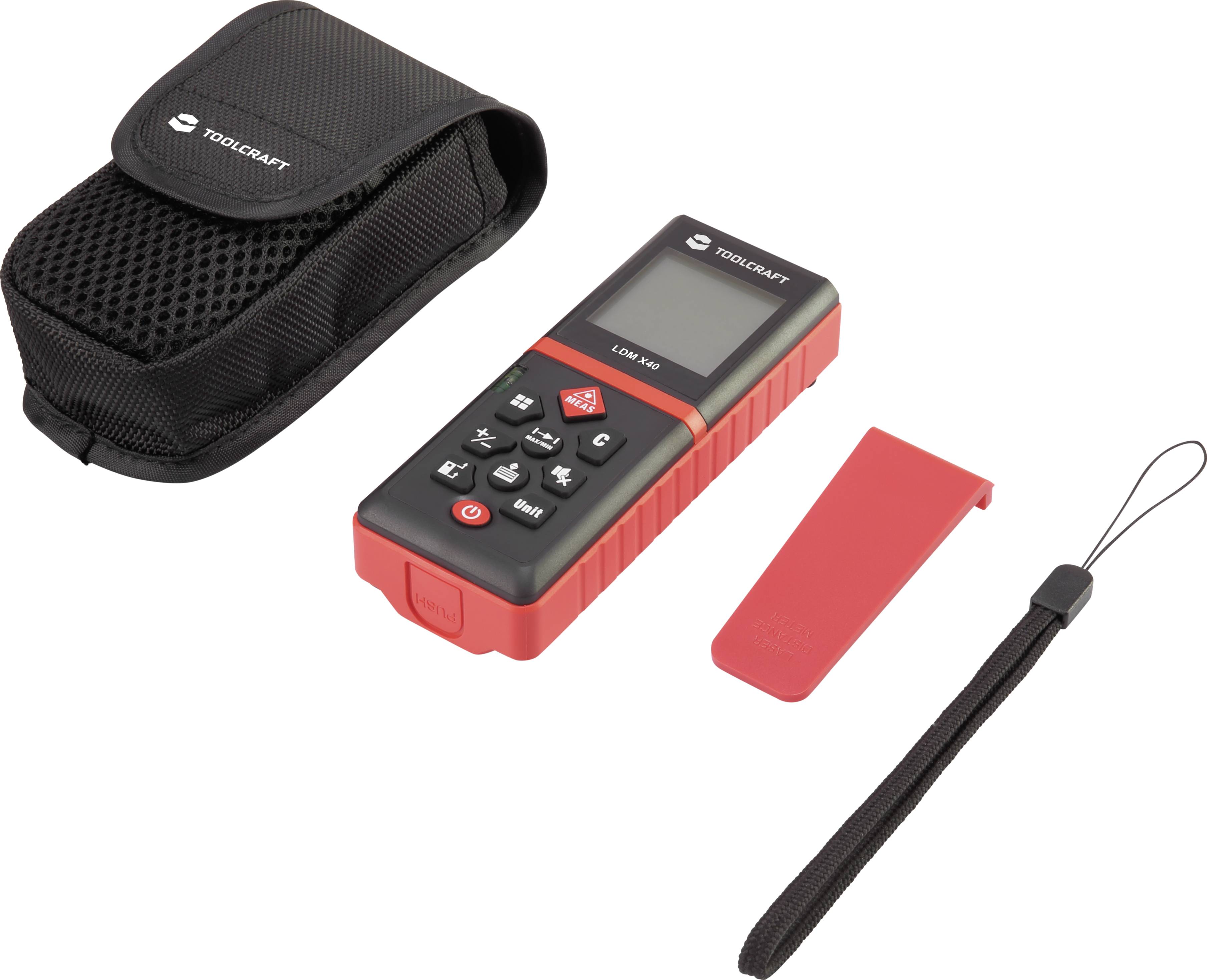 Laser distance meter with display, keypad, red protective clip, carrying strap and black case. Ideal for precise measurements.