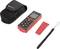 Laser distance meter with display, keypad, red protective clip, carrying strap and black case. Ideal for precise measurements.