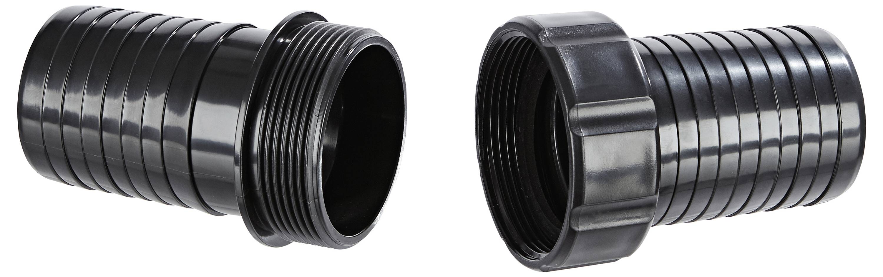 'Two black threaded plastic connectors, one with an external thread and the other with an internal thread, positioned side by side.'