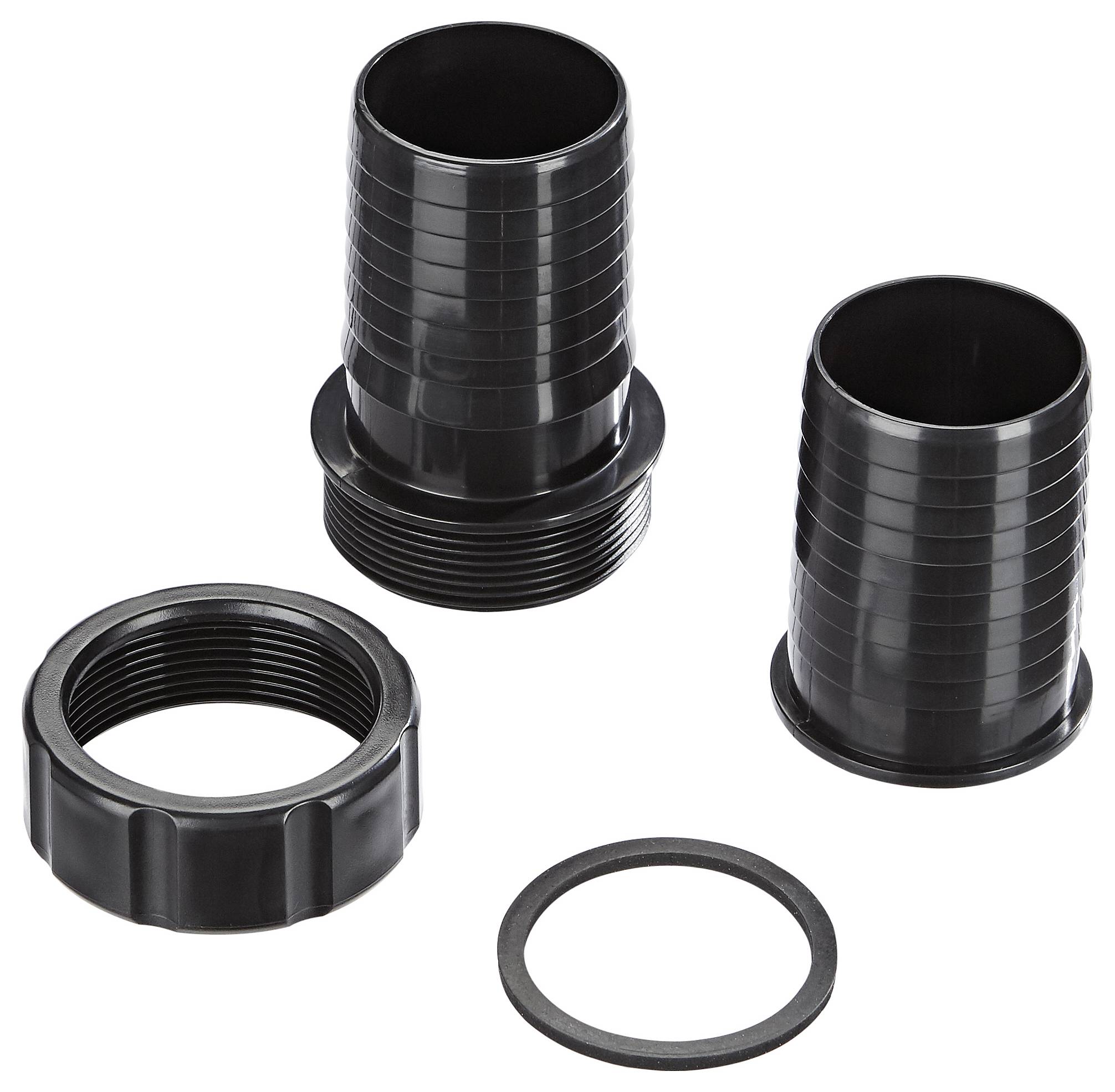 Black plastic hose connectors and a gasket, resting on a white surface, arranged with two threaded couplings and one circular gasket.