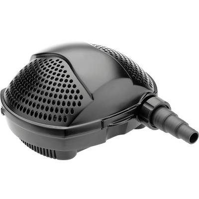 A black, rounded mechanical pump with a perforated design and hose connector, likely used for water filtration or circulation.