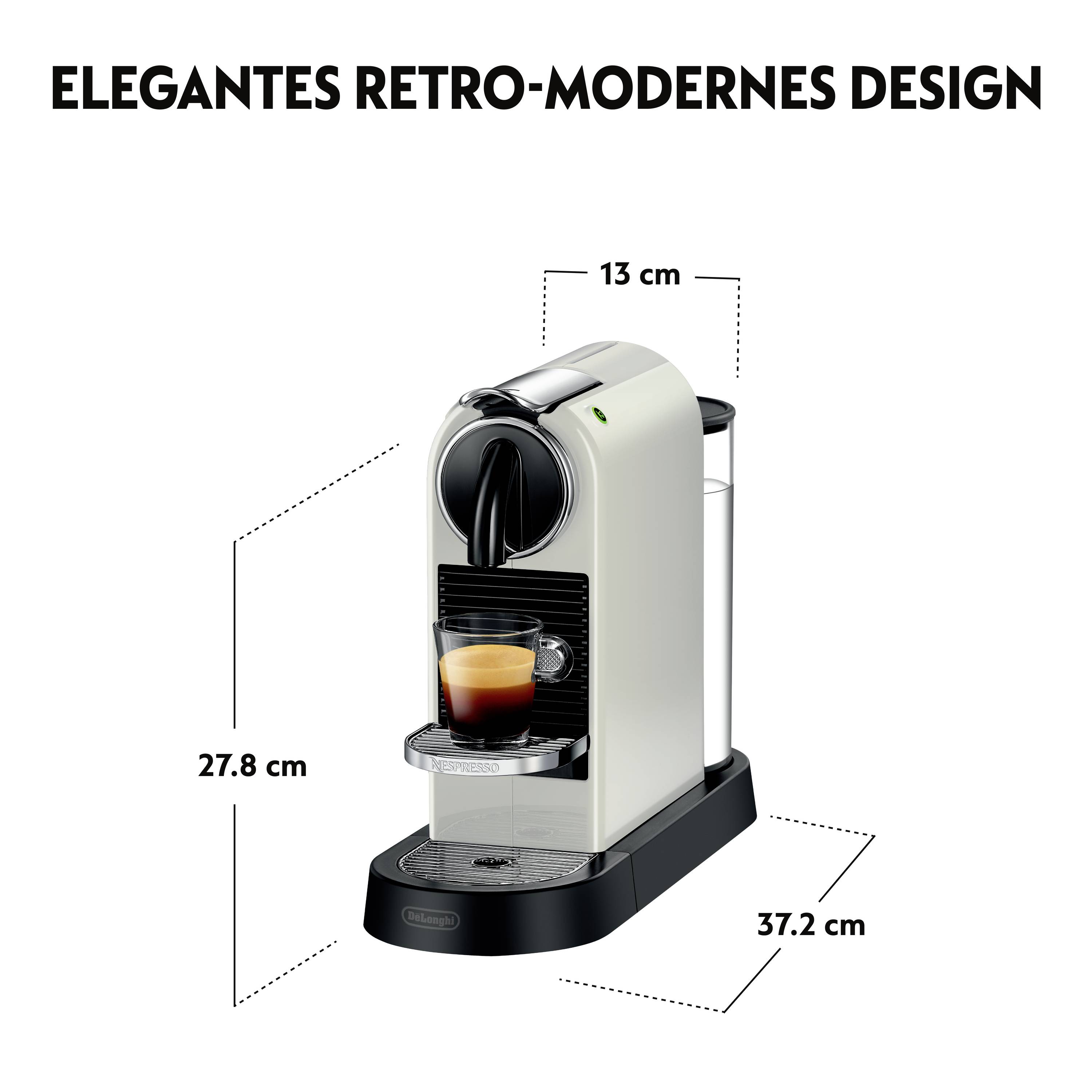 'Espresso machine with retro-modern design, dimensions: 27.8 cm high, 13 cm wide, 37.2 cm deep. Light tones, compact size.'