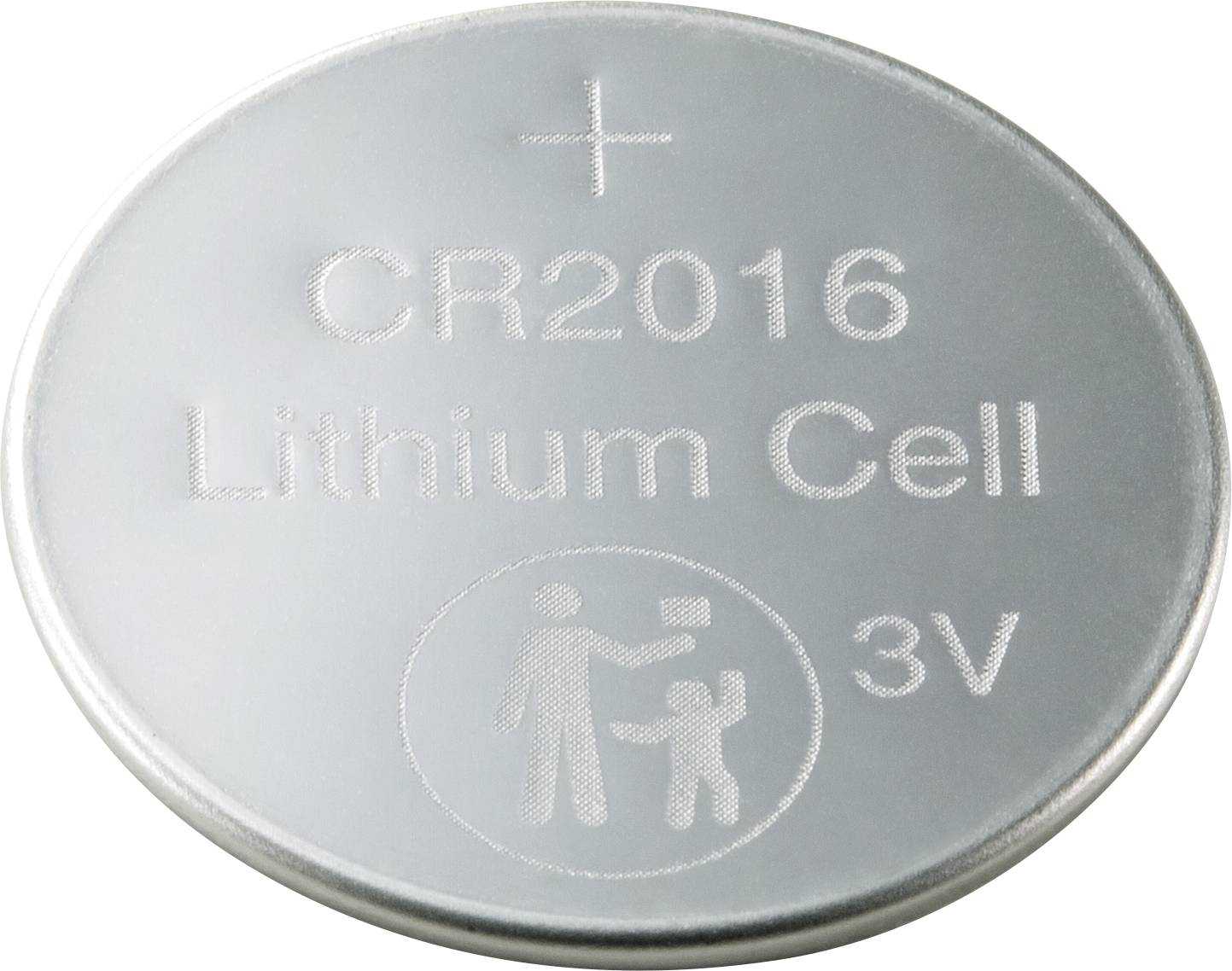 Button cell with the label 'CR2016 Lithium Cell 3V'. Pictogram warns against children swallowing.