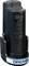 A black Dremel lithium-ion battery with writing and blue details at the base, stands vertically in a charging station.