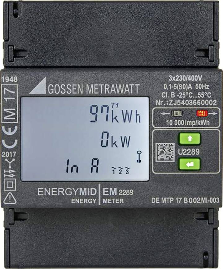 Electricity meter display shows '97 kWh', '0 kW'. Model number 'EM 2289'. Energy measurement value for three-phase electricity meter.