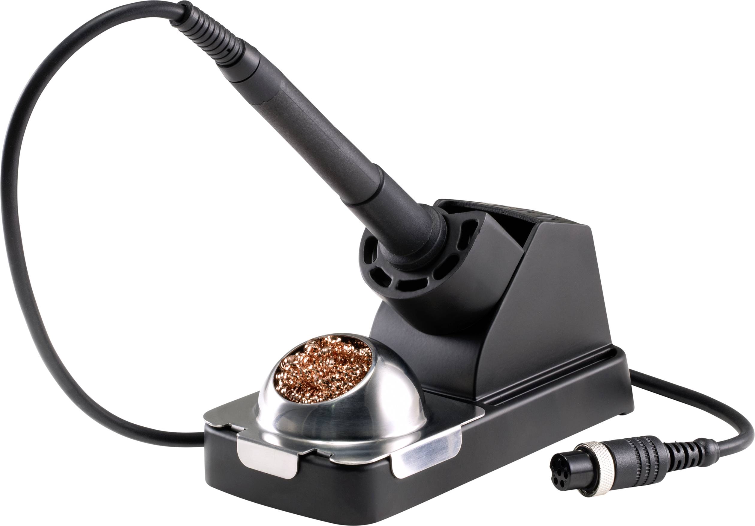 Soldering iron with stand and cleaning wool. The soldering iron is connected via a cable and rests in its station.