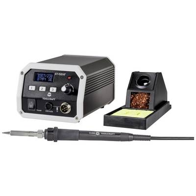 Soldering station with digital display, temperature control, soldering iron stand, and soldering sponge. Brand name 'Toolcraft' visible.