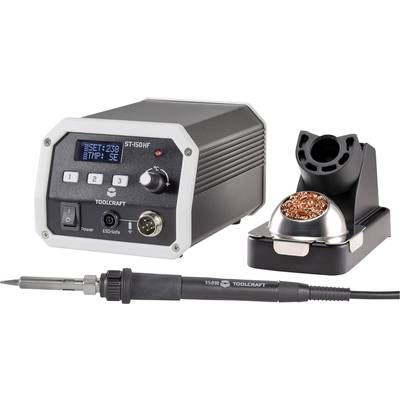 Soldering station with digital display, soldering tip and cleaning container, displaying 'SET: 238 TMP: SE'. ESD-safe, black housing.