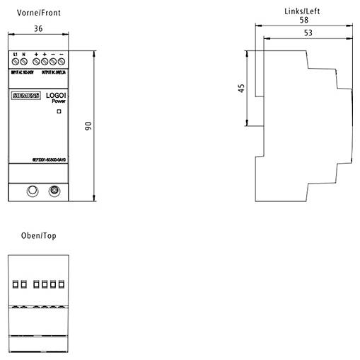 'LOGO! Power' module diagram with front, side, and top views showing dimensions: front 90 mm, side 58 mm x 53 mm, marked ports.