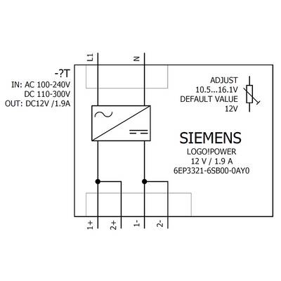 Diagram of a power supply for Siemens LOGO!Power 12V, 1.9 A. Inputs: AC 100-240V, DC 110-300V. Outputs: DC 12V, 1.9A. Adjustment range: 10.5-16.1V.
