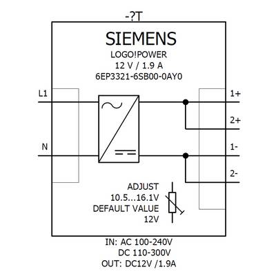 Circuit diagram of a Siemens Logo!Power power supply. Shows electrical connections L1, N, 1+, 2+, 1-, 2- with adjustment setting for 12 V.