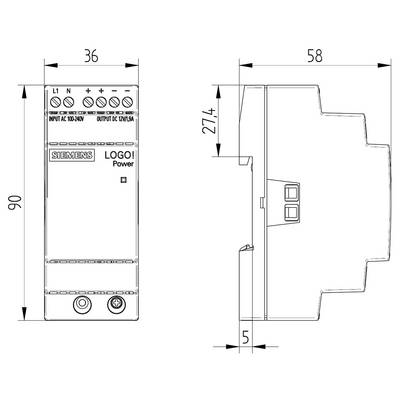 Diagram of a 'Siemens LOGO! Power' unit with front and side view. Dimensions: 90x36x58 mm, Input range: AC 100-240V.