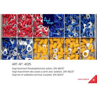 Box of sorted, insulated crimp cable lugs in Blue, Red and Yellow. Teaser text describes product details and article number 4035.