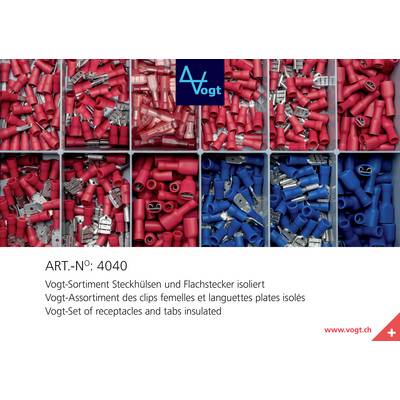 Container with red and blue insulated socket connectors and flat metal connectors. Products of the Vogt brand. Article number 4040.