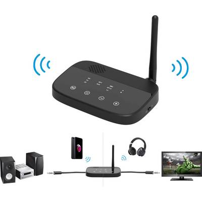 A black Bluetooth audio transmitter with an antenna wirelessly connects speakers, smartphones, headphones, and televisions.