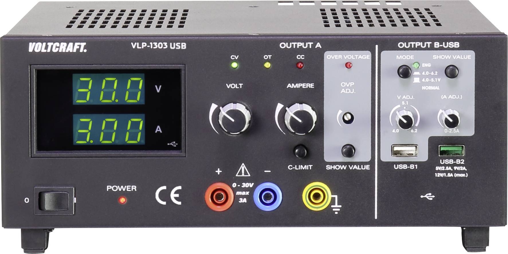 A digital power supply unit with a display showing voltage and current. On the left are values '30.0 V' and '3.00 A'. On the right are connection sockets and settings.