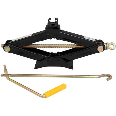 Black car jack with a crank handle and yellow grip. The jack is in a closed position and ready for use.