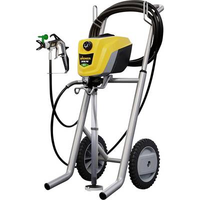 Paint sprayer with wheels and hose. Yellow and black housing with handle. Suitable for professional spray work.