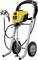 Paint sprayer with wheels and hose. Yellow and black housing with handle. Suitable for professional spray work.
