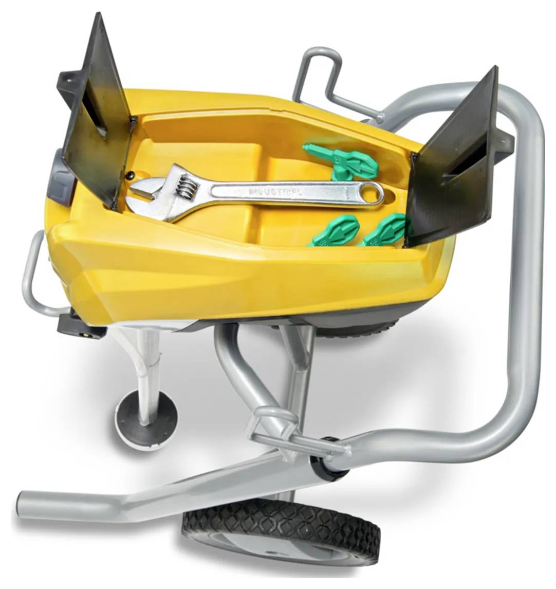 A yellow wheelbarrow with a metal frame and black wheel, containing a large spanner and two green rubber gloves.