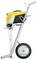 Paint sprayer on a wheeled stand, yellow casing, useful for applying paint evenly across large surfaces.
