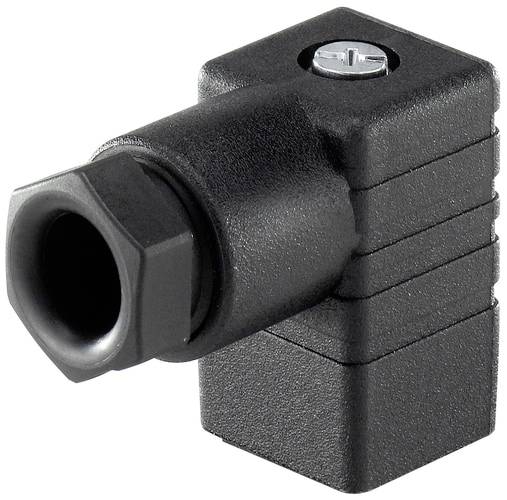 Black industrial connector with screw lock and angled design for secure electrical connection.