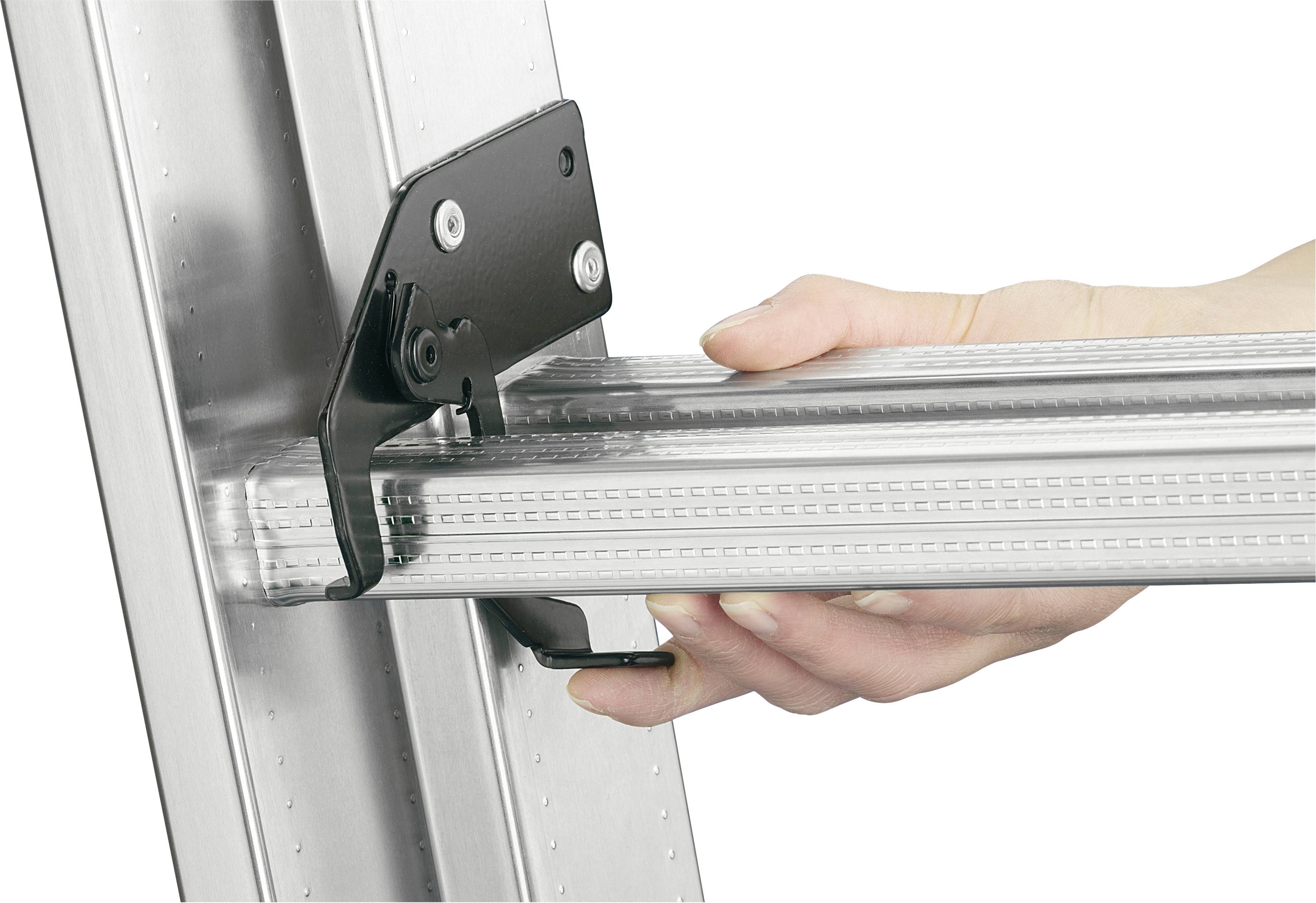 A hand is holding a silver aluminium ladder against a black safety lock, designed to ensure stability and security.