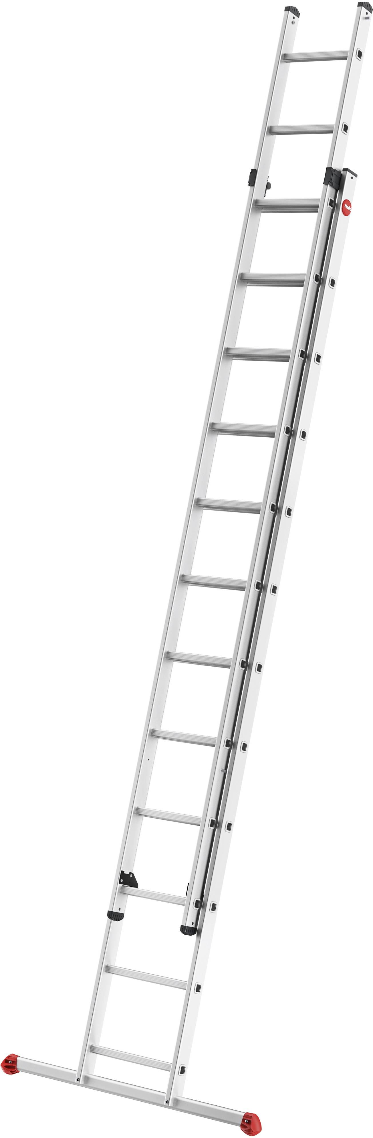 'Aluminium ladder with 14 rungs, extended, standing on red and black legs. Suitable for work at height in indoor or outdoor areas.'