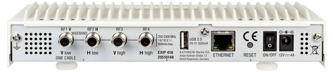 'Rear view of a network device with four RF ports, Ethernet connection, USB port and power supply.'
