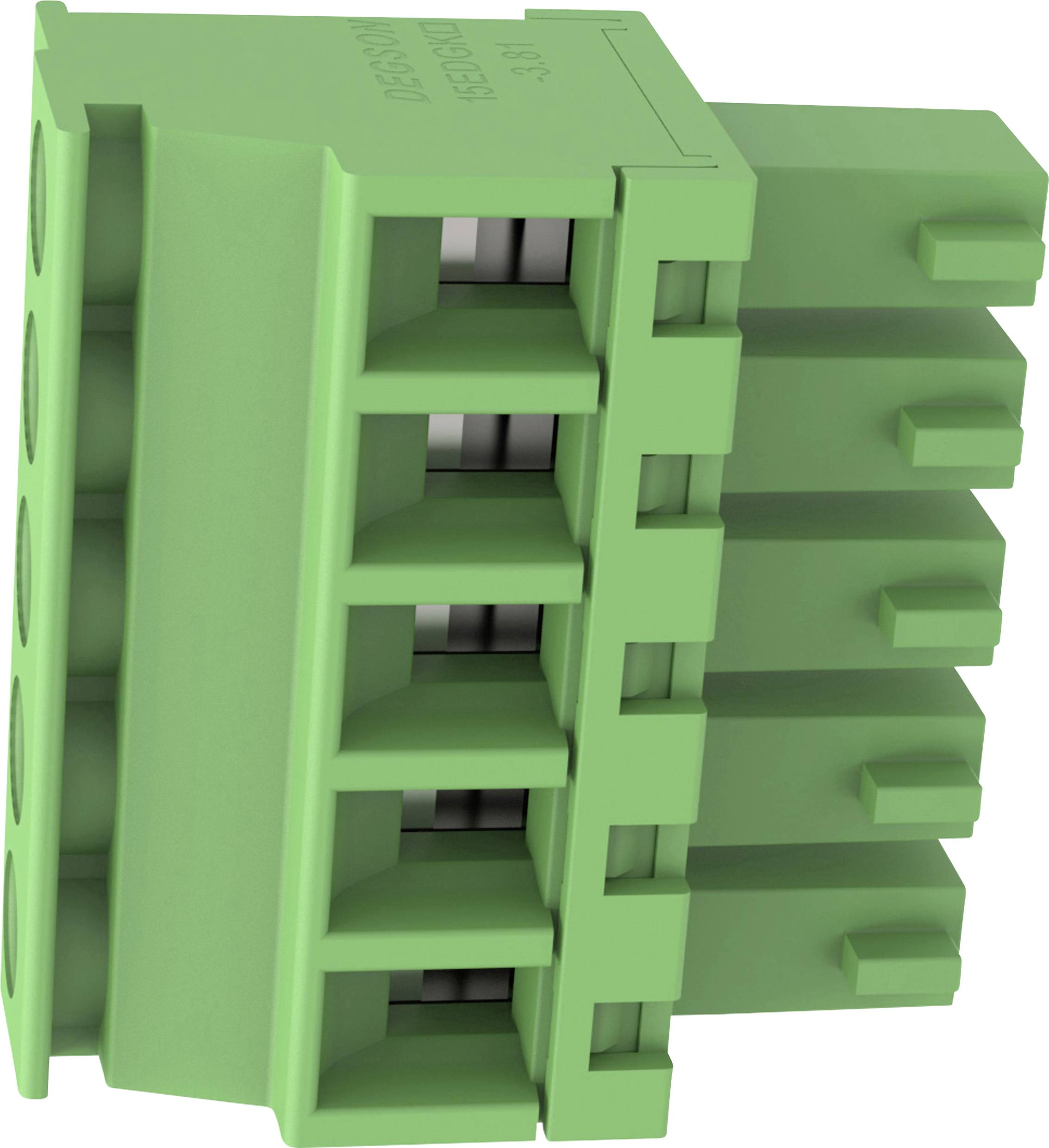 Close-up of a green multi-pin electrical connector plug with rectangular sockets, shown against a white background.
