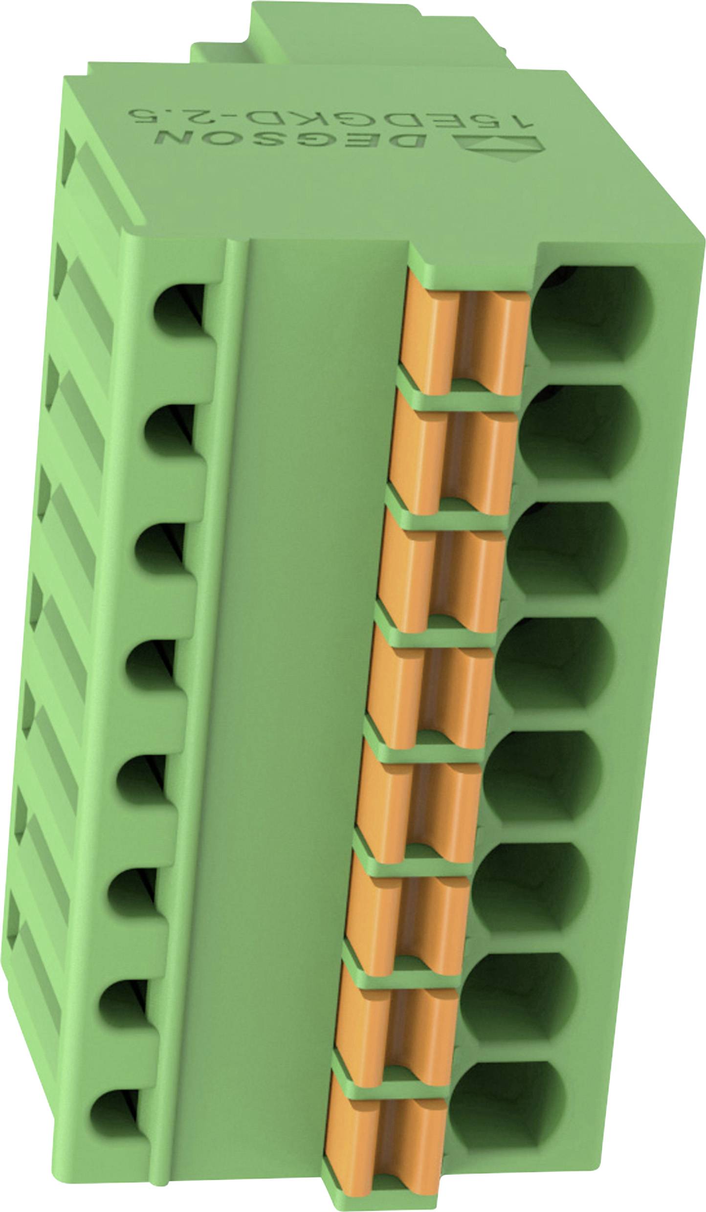 Green two-piece electrical terminal block connector with orange clamp inserts, shown on a white background.