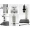 Collage of a microscope stand with adjustable components, showing details of knobs and parts for precision positioning and stability.