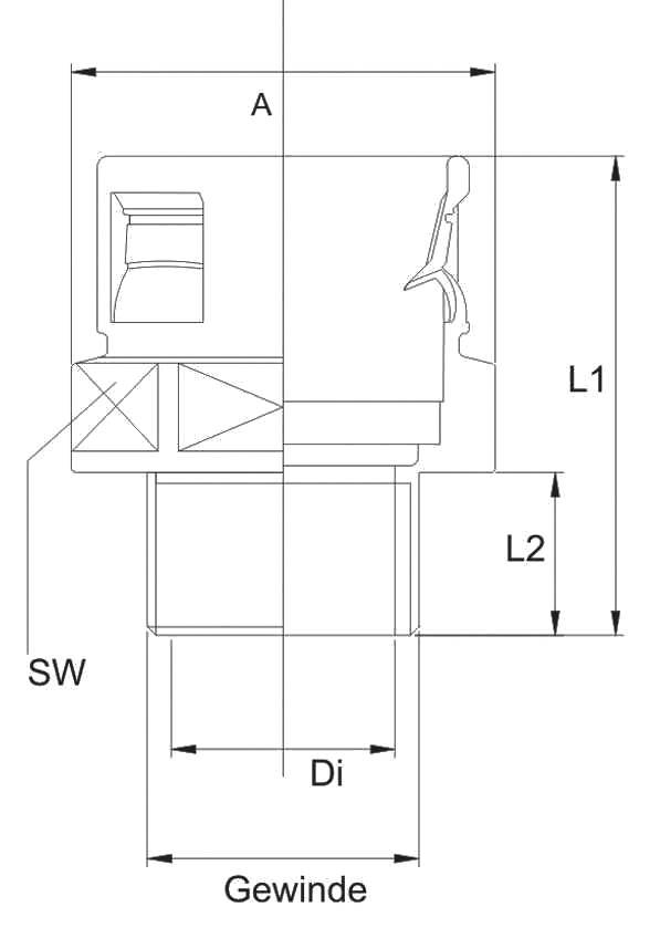 Technical drawing of a connector with thread. Marked are 'SW' (wrench size), 'Di' (inner diameter), the total length 'L1', and a smaller length 'L2'.