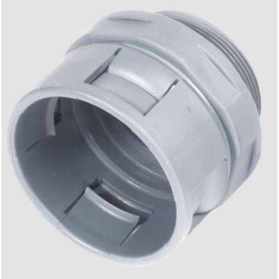 Grey plastic component, cylindrical, with threading and slots, presumably a connector or adapter for pipes.