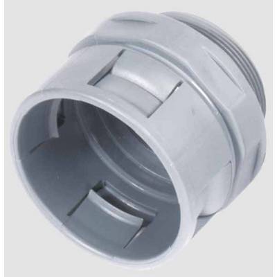 Grey plastic pipe connector with grooves, used for connecting pipes in installations.