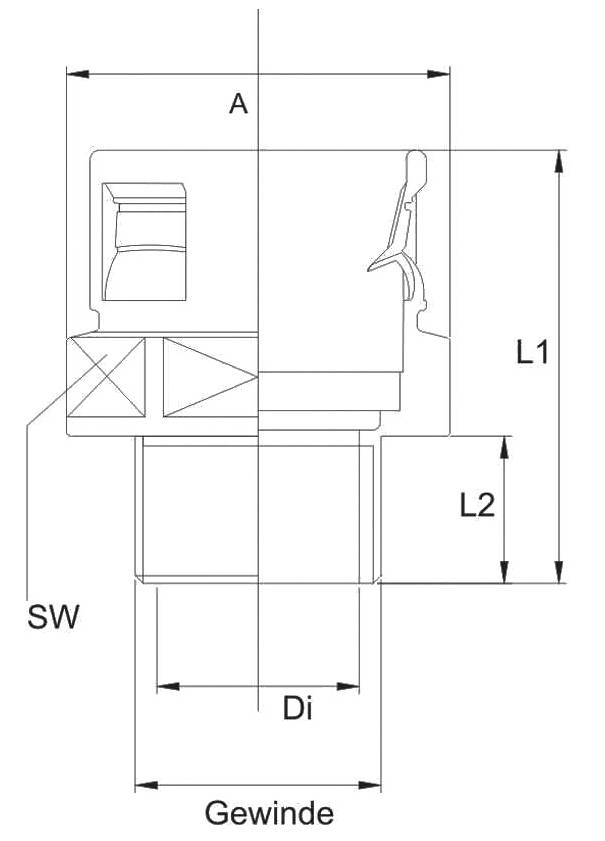 Technical drawing of a connector. Shows relevant dimensions: 'A', 'L1', 'L2', 'SW', 'Di', with focus on thread position.