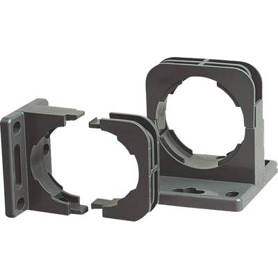 A right-angled cable holder in three parts: base, upper and lower half-shell made of black plastic. Design for cable mounting.