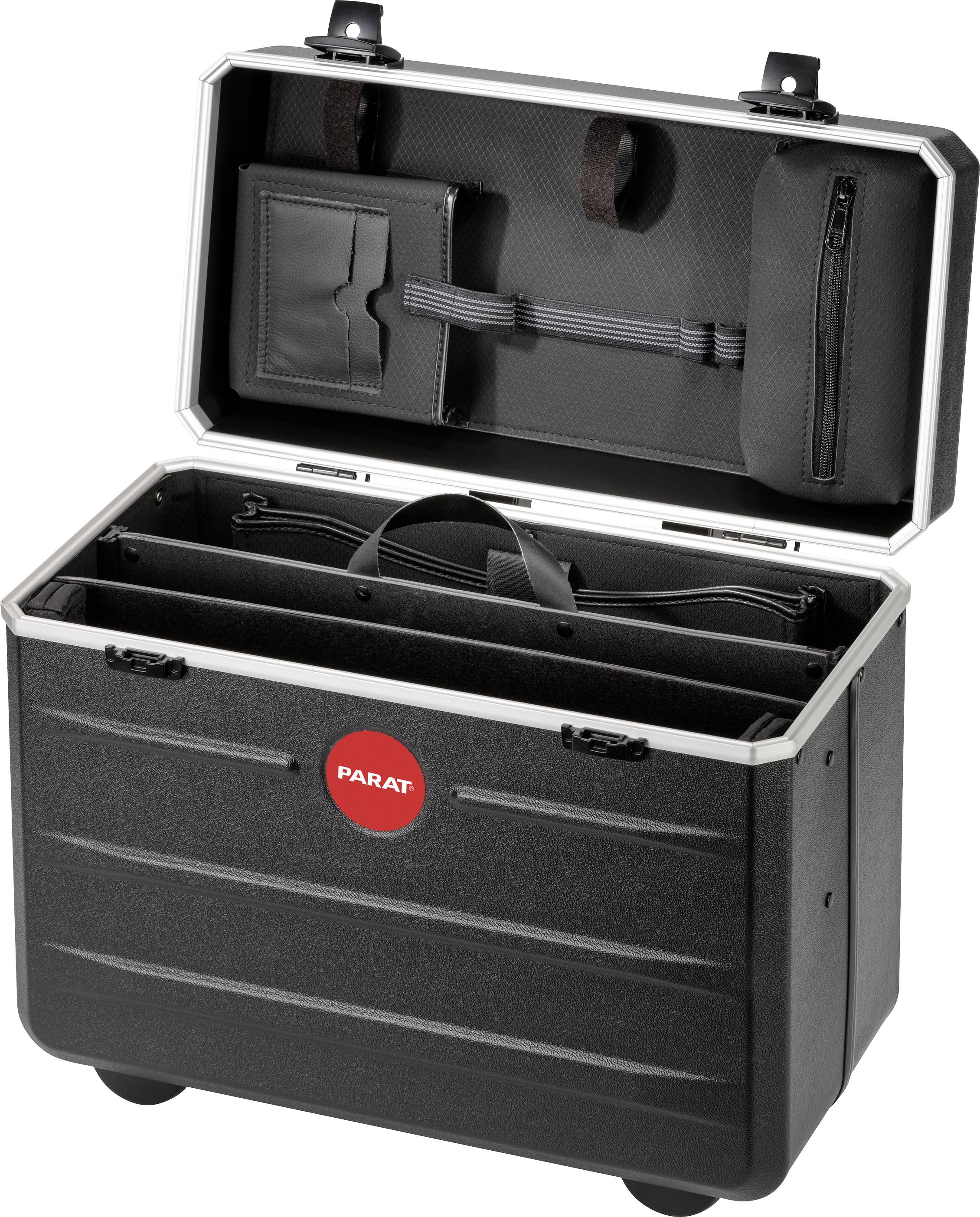 A black tool case with an open lid reveals interior compartments and pockets. At the top, there is a zipped compartment with attachment loops.