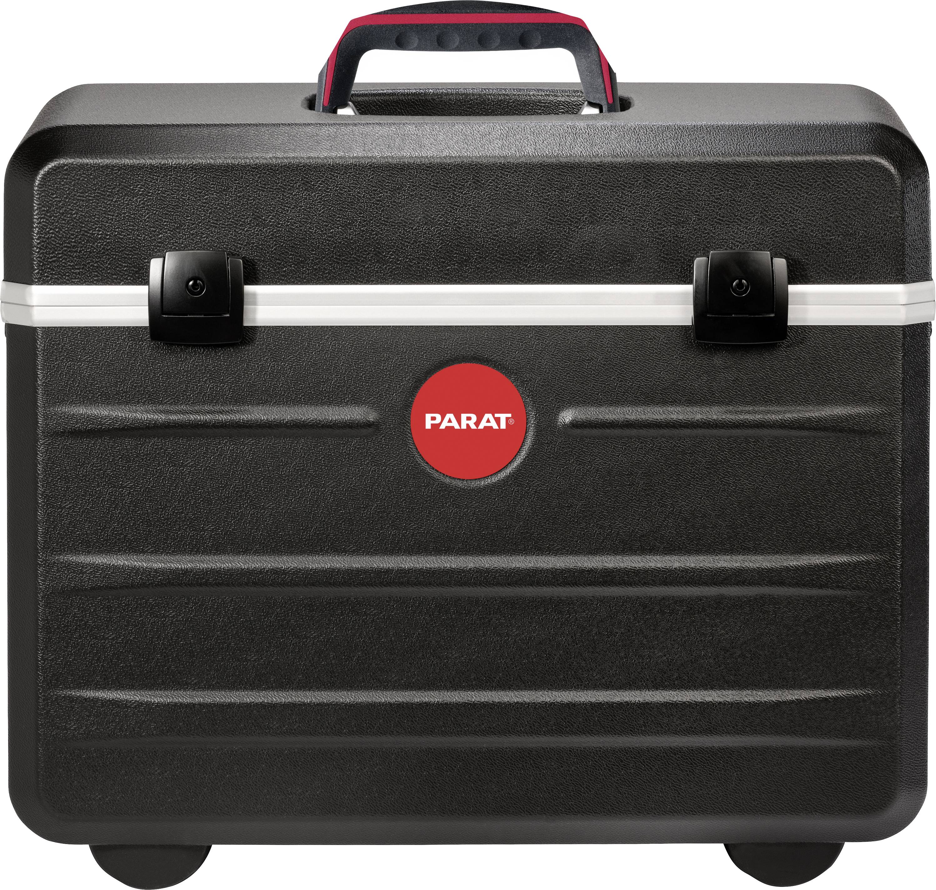 A black tool case with a red 'PARAT' logo in the centre and a red handle at the top, designed for the secure transportation of tools.