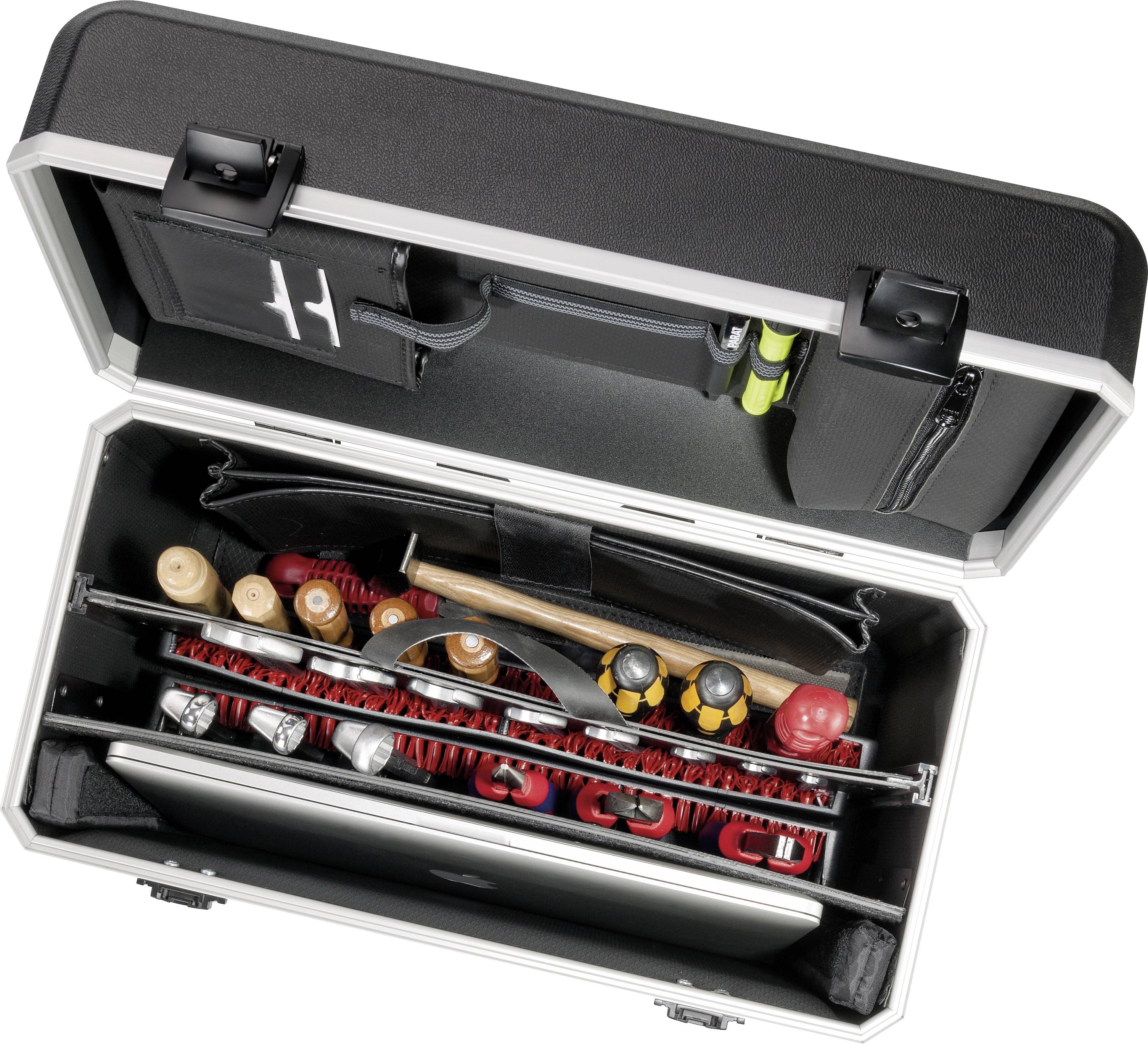 An open toolbox with various tools such as screwdrivers, a hammer and brushes, organised in a compartment.
