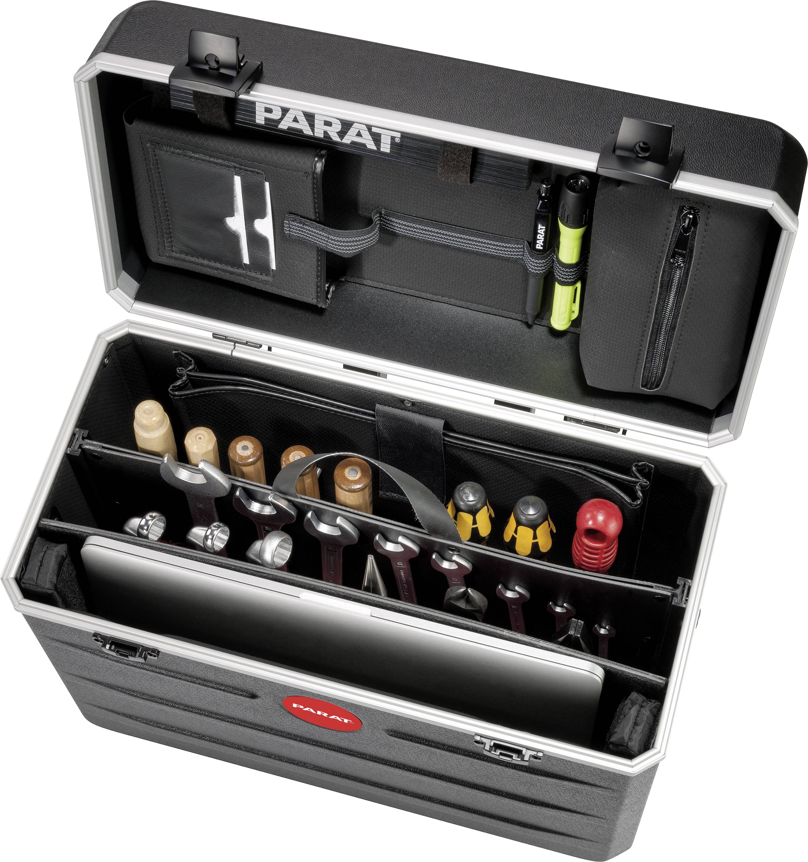 Open tool case with various tools and compartments for organisation. Contains screwdrivers, pliers, and spanners.