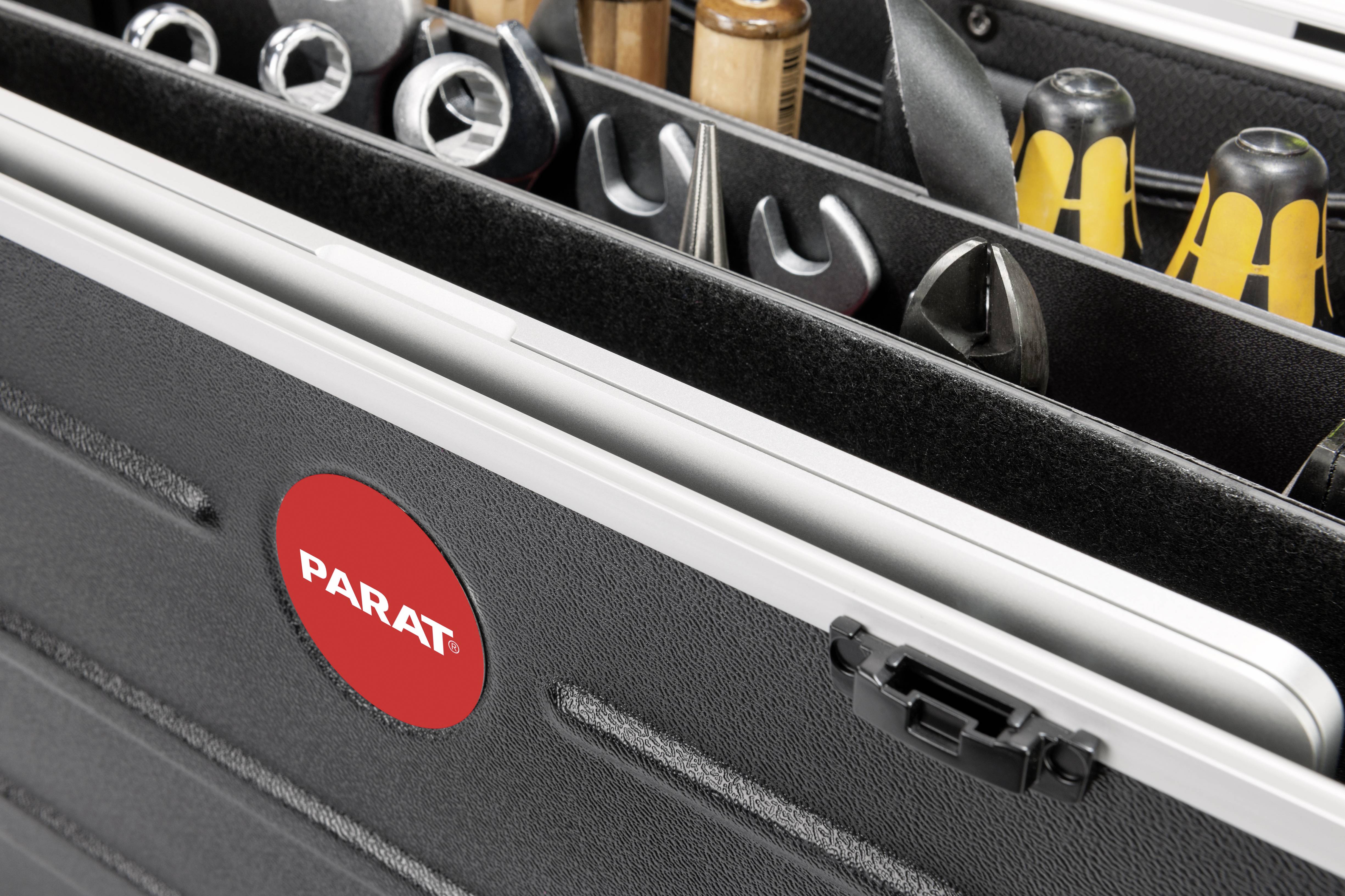 An open tool case with various tools, including screwdrivers and spanners. The red 'PARAT' logo is visible.