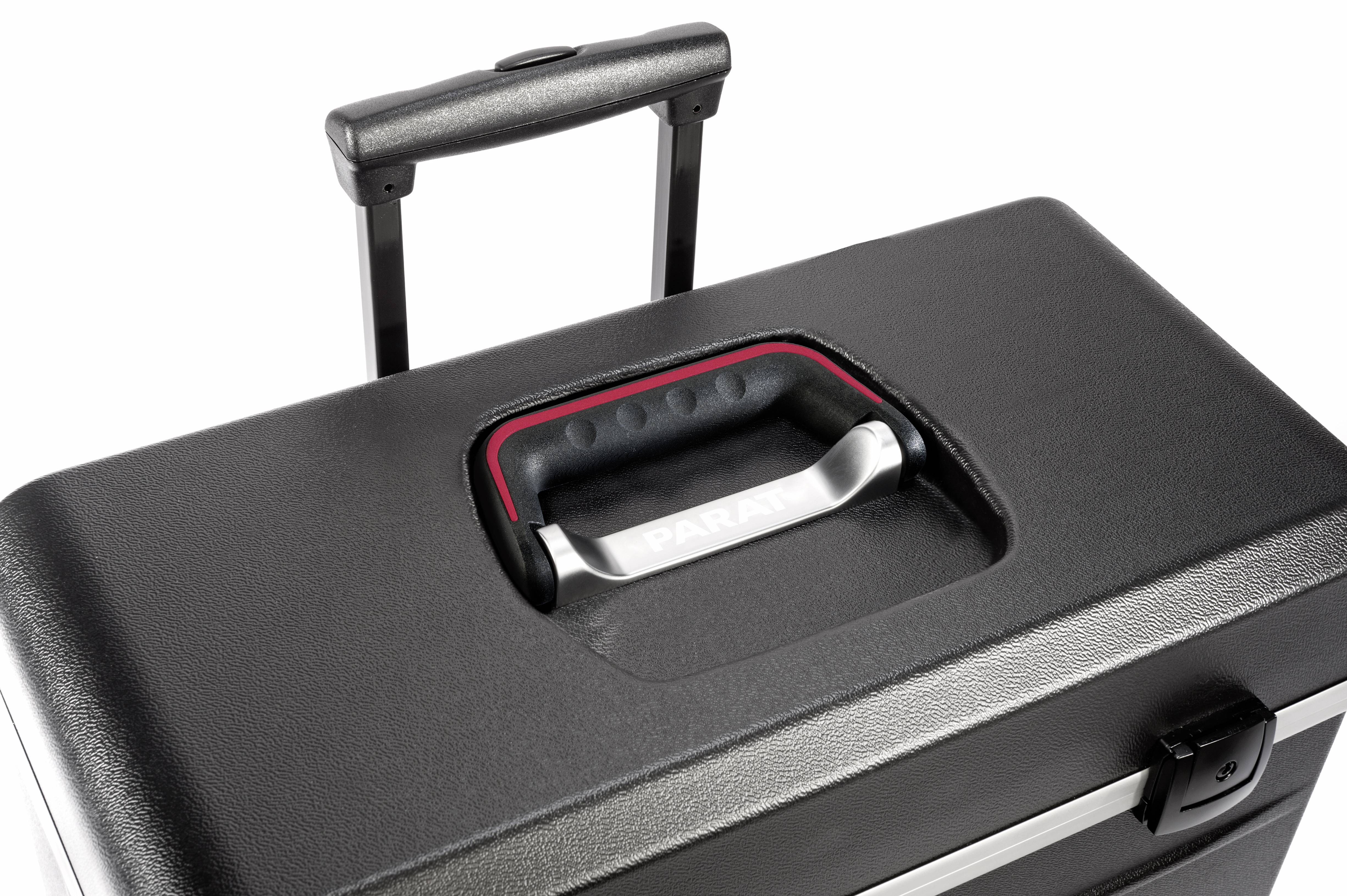 Black hard-shell suitcase with extendable handle and integrated carry handle. Suitable for robust transport and storage.