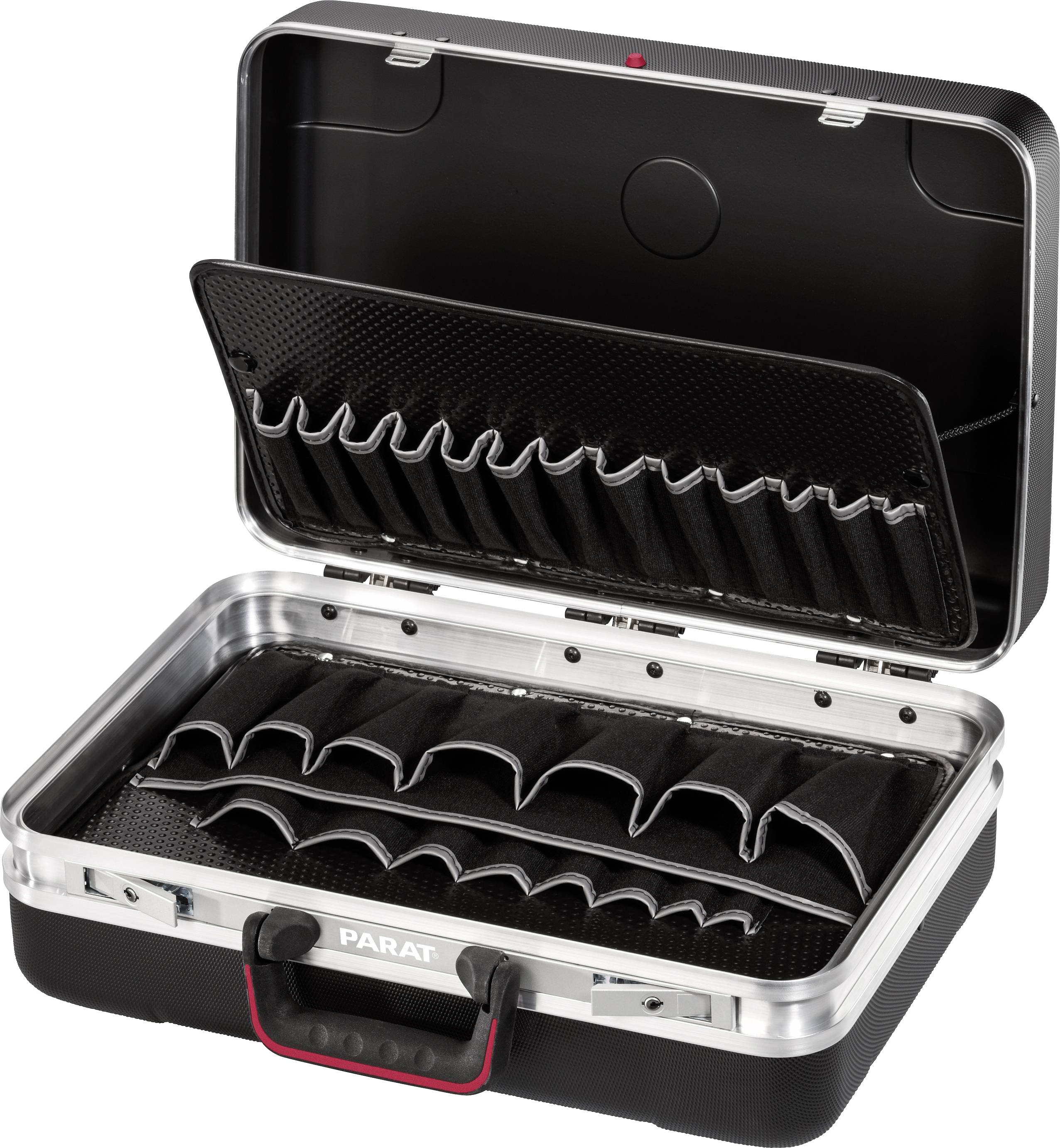 'Opened black tool case with multiple compartments and holders for organising tools.'
