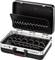 'Opened black tool case with multiple compartments and holders for organising tools.'