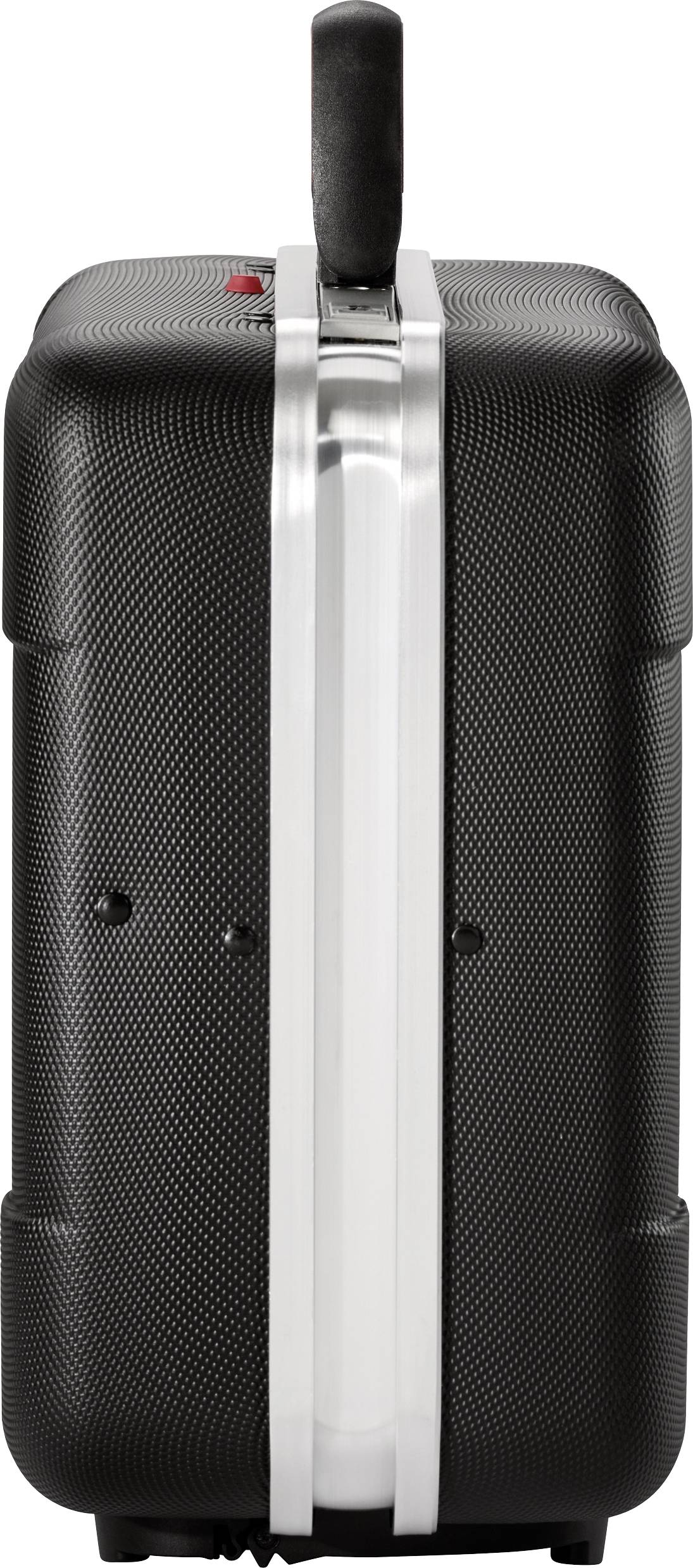 Black suitcase with structured design, viewed from the side. A handle is located at the top.