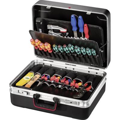 An open tool box with various hand tools, including screwdrivers with coloured handles, pliers, and a hammer.