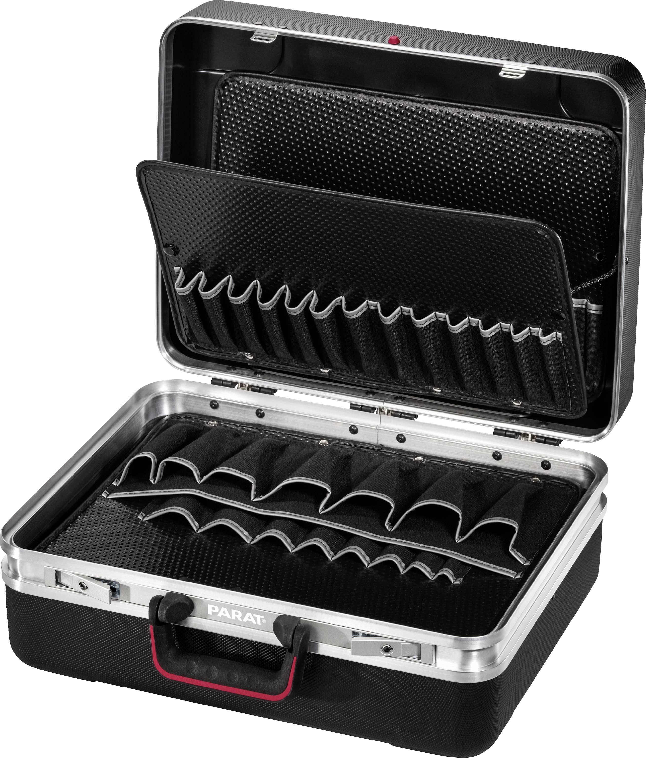 Open black tool case with multiple compartments. Brand name 'PARAT' visible on the front side.