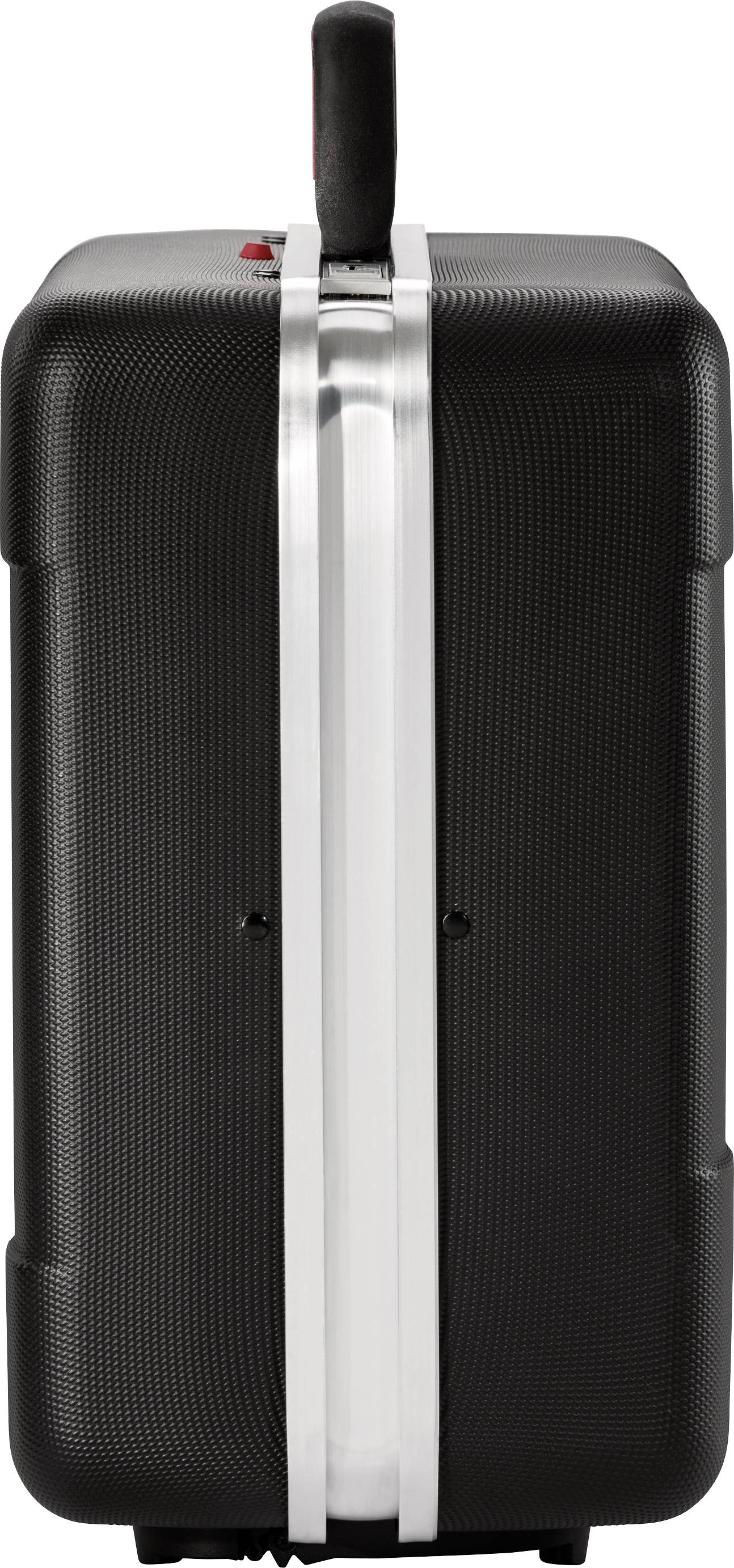 Black suitcase with silver frame, standing upright. A handle is visible at the top and two small wheels at the bottom.