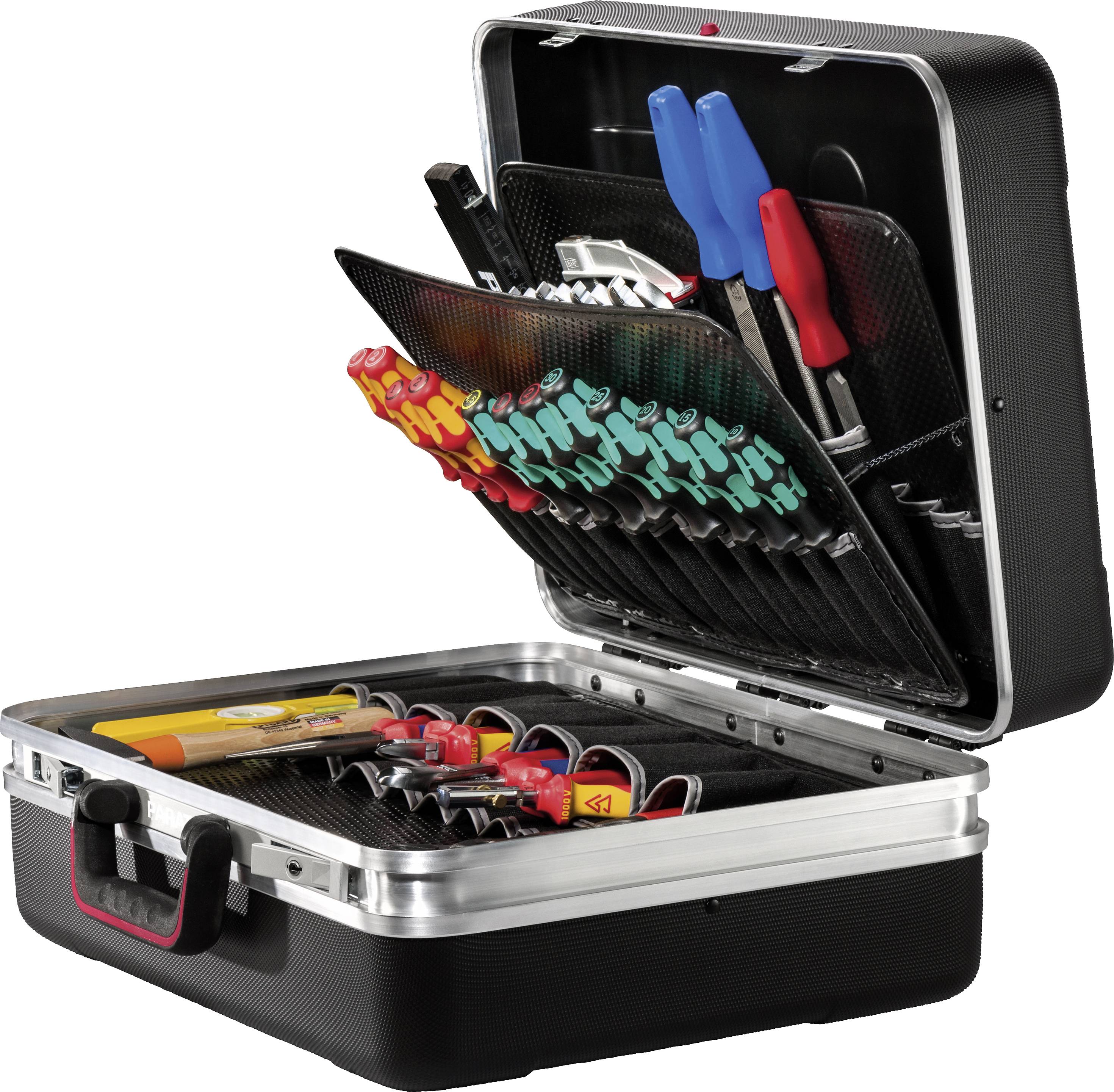 An open toolbox displays various screwdrivers, pliers and other tools, neatly arranged inside.